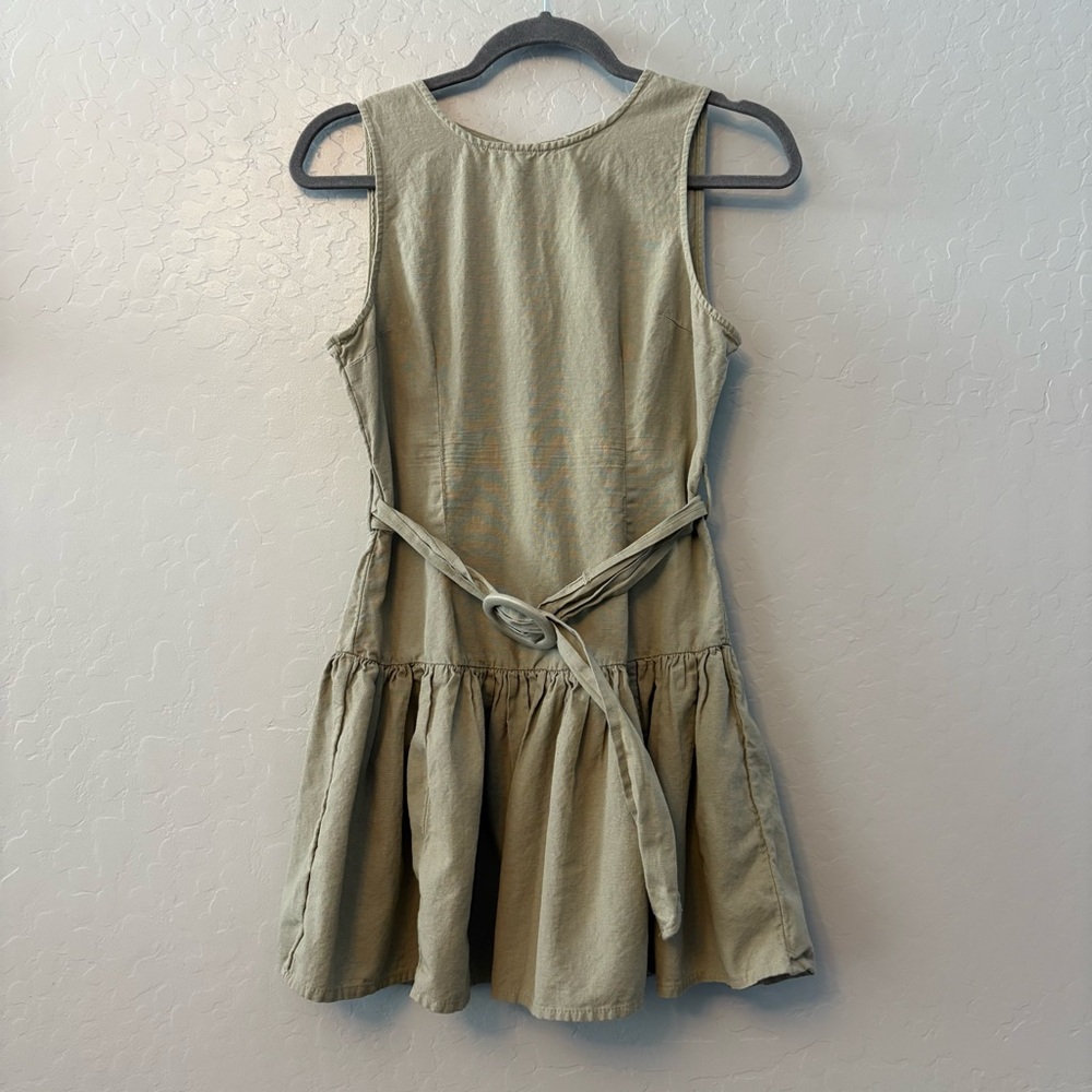 ASOS DESIGN linen blend dropped waist belted mini dress in sage green size 6